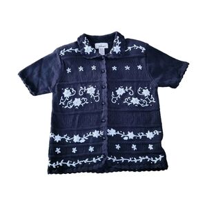 Worthington Vintage Knit Sweater Top M Petite Pearl Collar Granny Embroidered